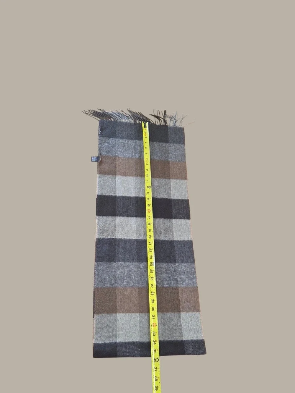Fraas Plaid Scarf Made in Germany Brown Gray Black Taupe Unisex Fringe 14 x 70